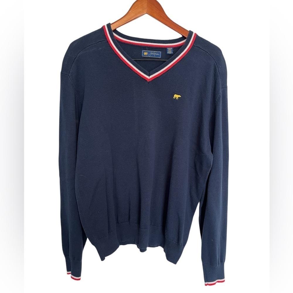 Jack Nicklaus Men's V-Neck Collar & Cuffs Sweater Navy with Red and White Trim